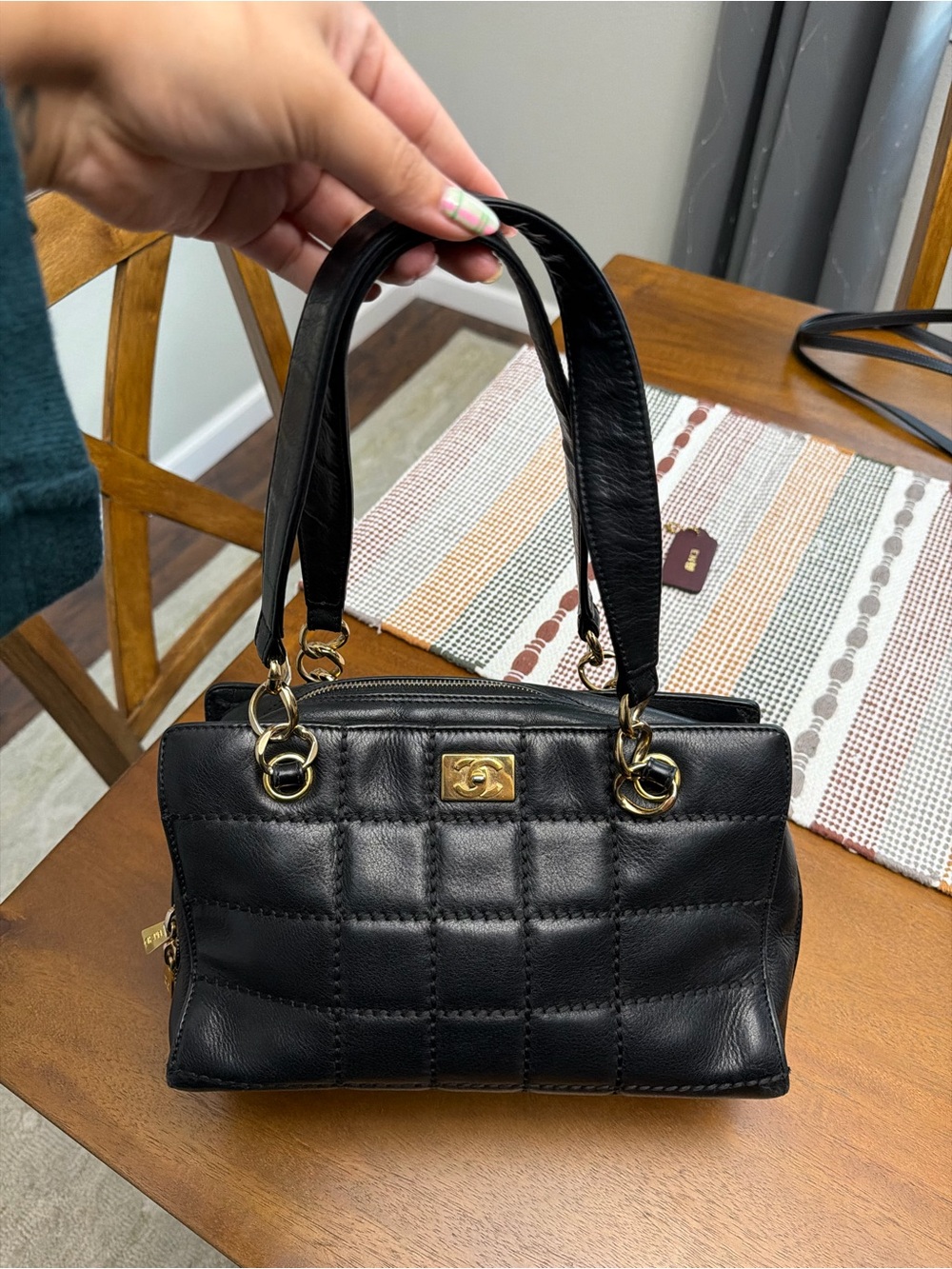 CHANEL Vintage Chocolate Bar Black Quilted Leather Tote Bag